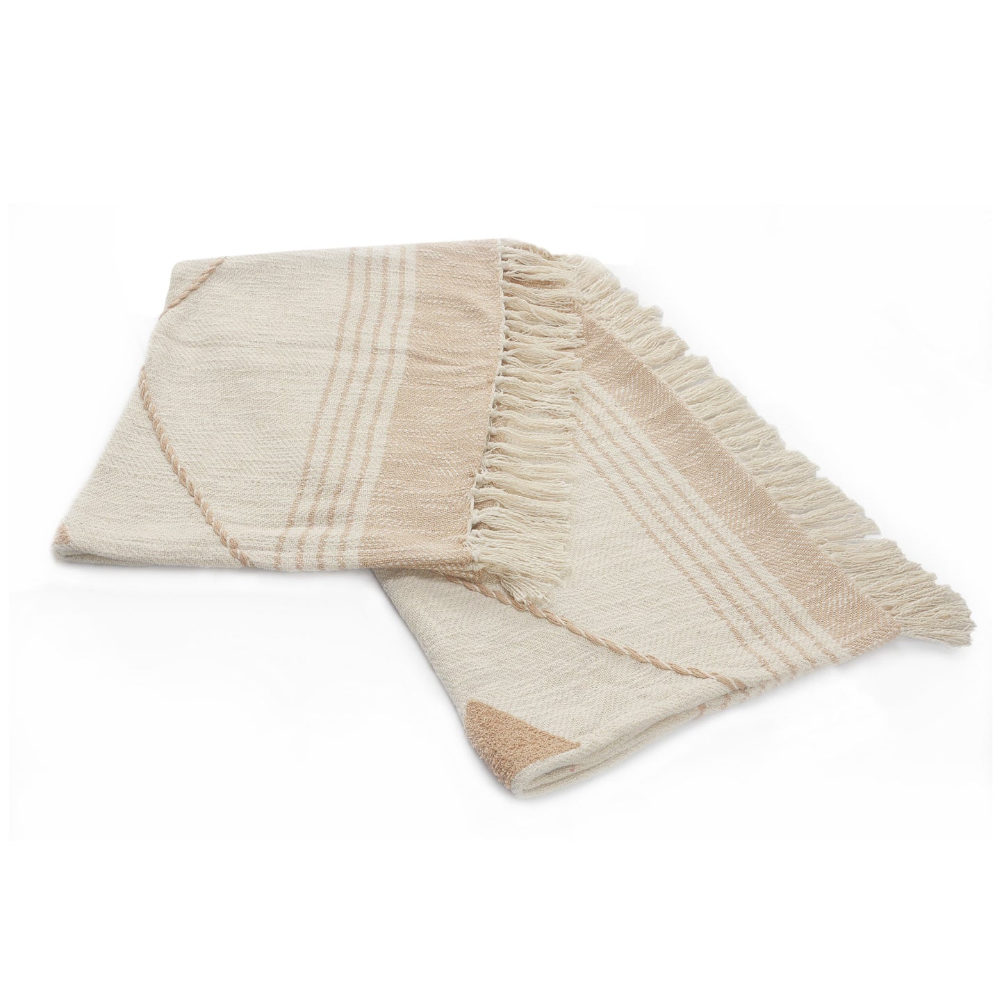 60" X 50" Beige Woven Cotton Striped Throw Blanket with Fringe