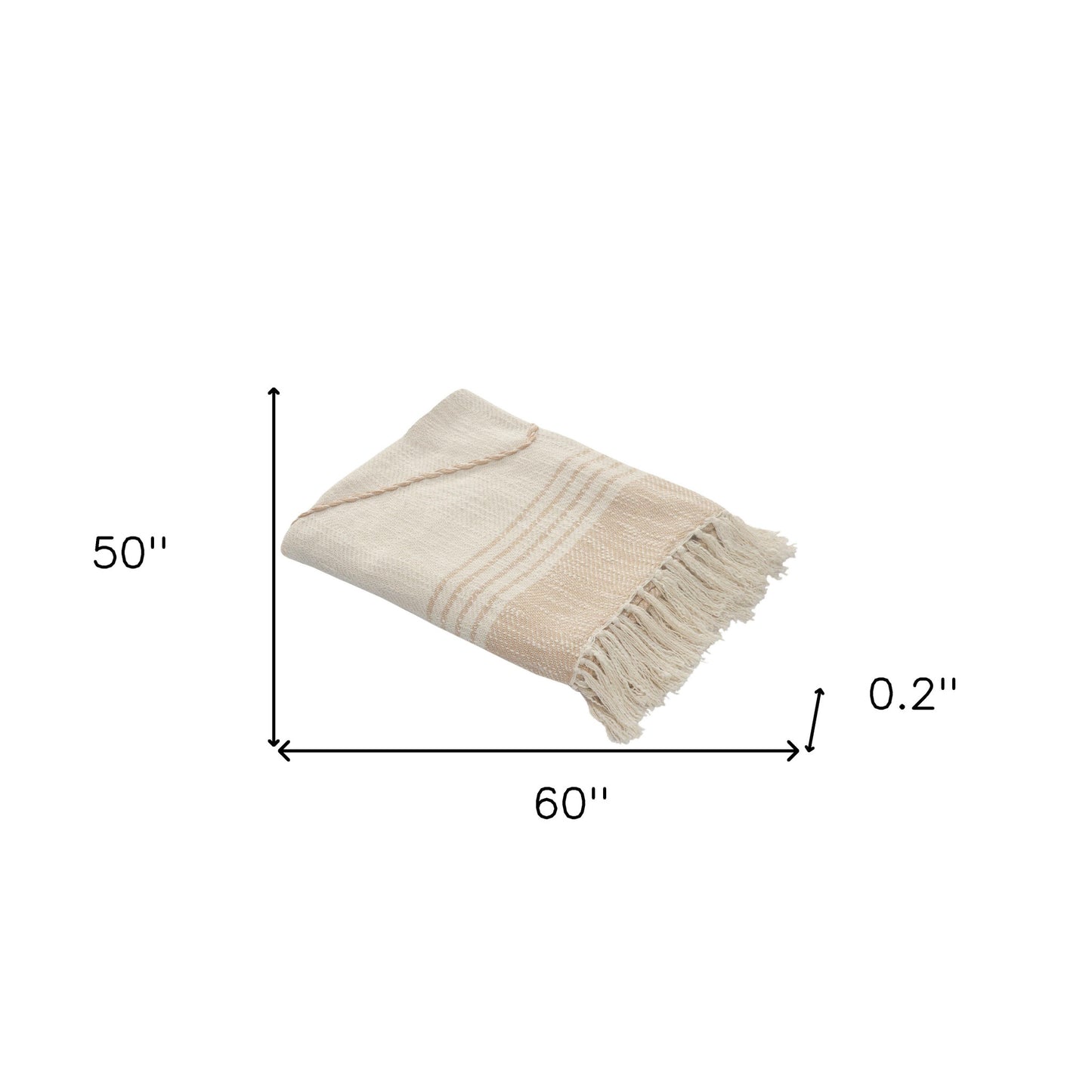 60" X 50" Beige Woven Cotton Striped Throw Blanket with Fringe