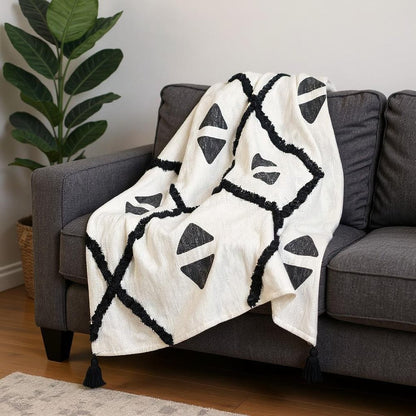 50" X 60" Black and White Woven Cotton Geometric Throw Blanket with Tassels