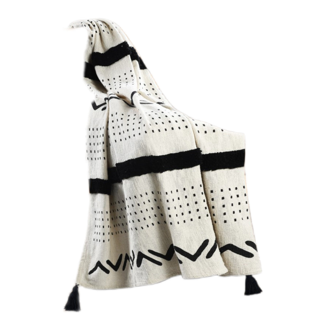 Black and White Woven Cotton Striped Throw Blanket