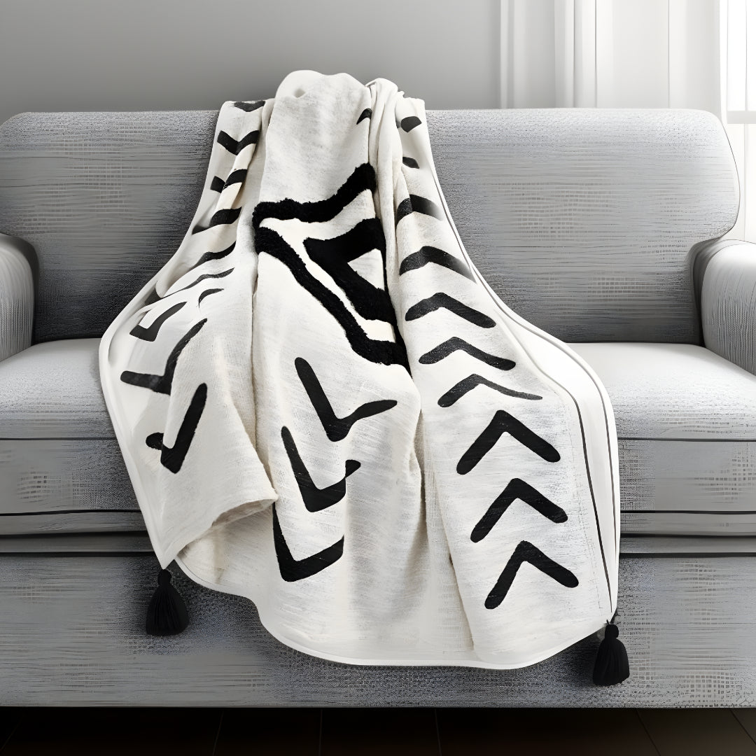 50" X 60" Black and White Woven Cotton Geometric Throw Blanket with Tassels