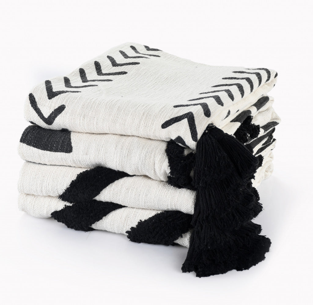 50" X 60" Black and White Woven Cotton Geometric Throw Blanket with Tassels