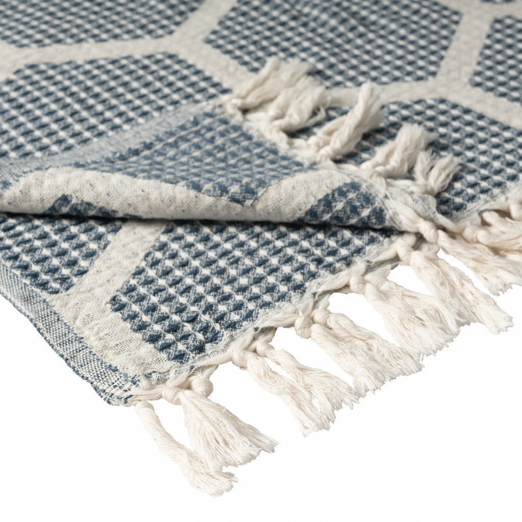 Blue and Off White Woven Cotton Geometric Throw Blanket