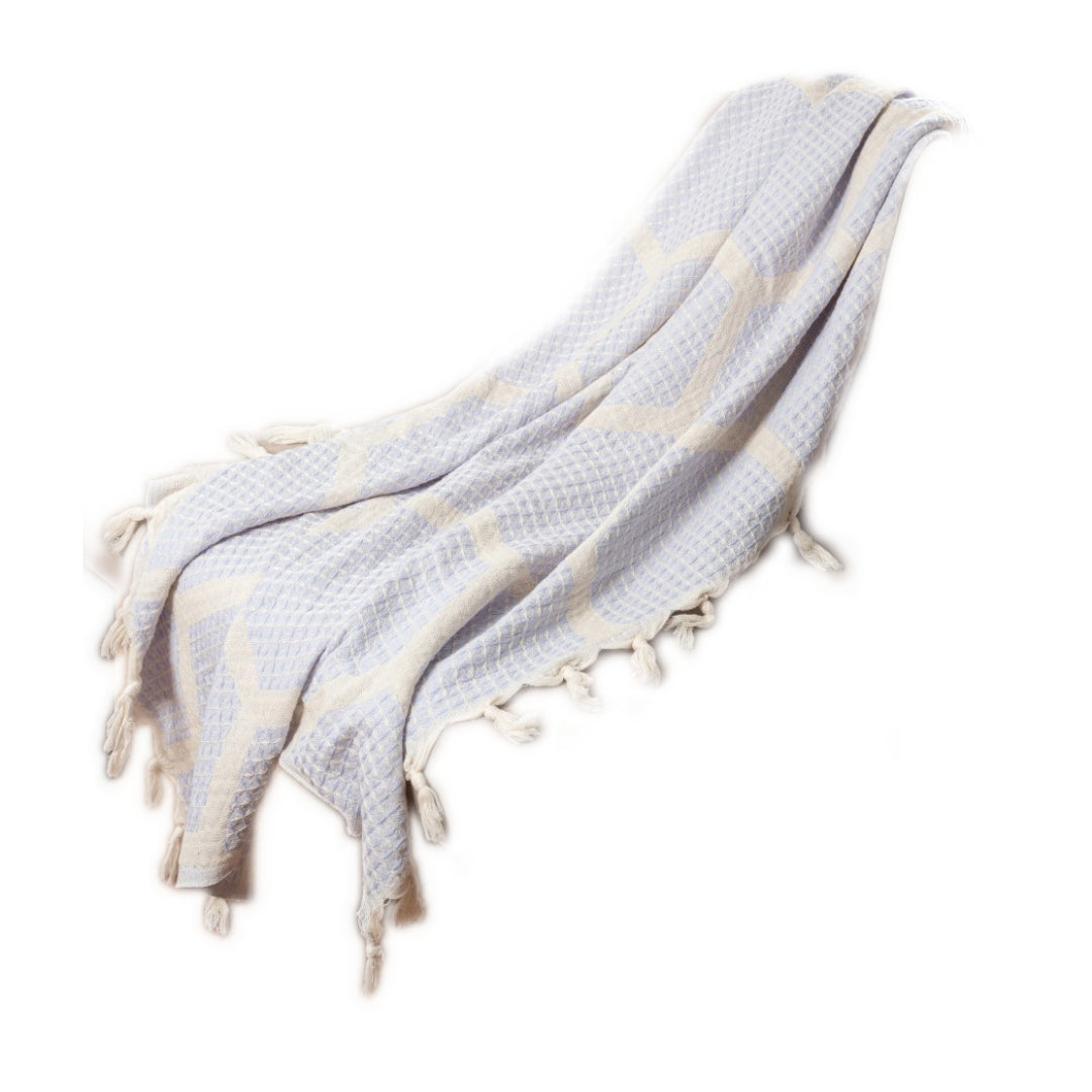 Blue and Off White Woven Cotton Geometric Throw Blanket