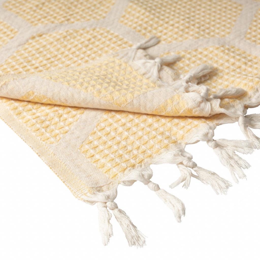 Blue and Off White Woven Cotton Geometric Throw Blanket