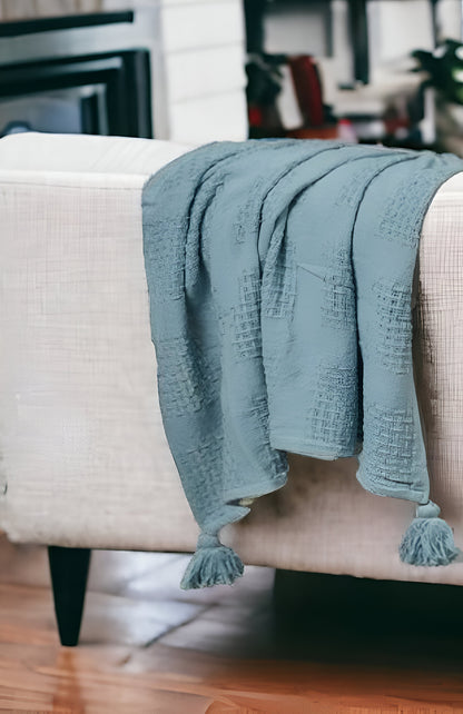 50" X 60" Green Woven Cotton Throw Blanket with Tassels