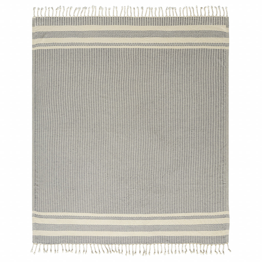 50" X 60" Beige Woven Cotton Striped Throw Blanket with Fringe