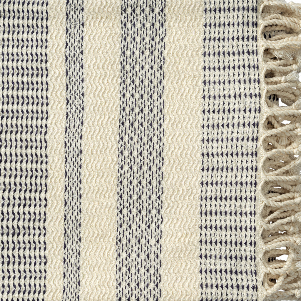 50" X 60" Beige Woven Cotton Striped Throw Blanket with Fringe