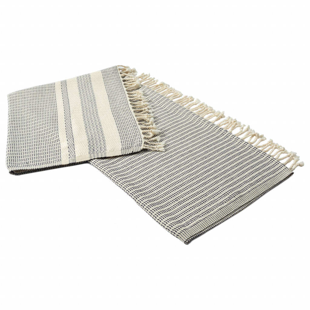 50" X 60" Beige Woven Cotton Striped Throw Blanket with Fringe