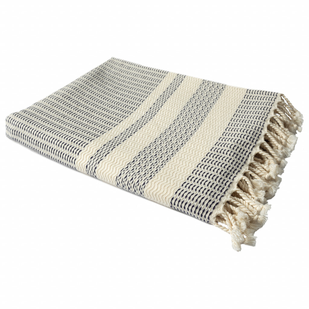 50" X 60" Beige Woven Cotton Striped Throw Blanket with Fringe