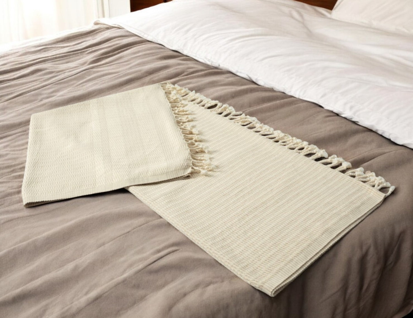 50" X 60" Beige Woven Cotton Striped Throw Blanket with Fringe