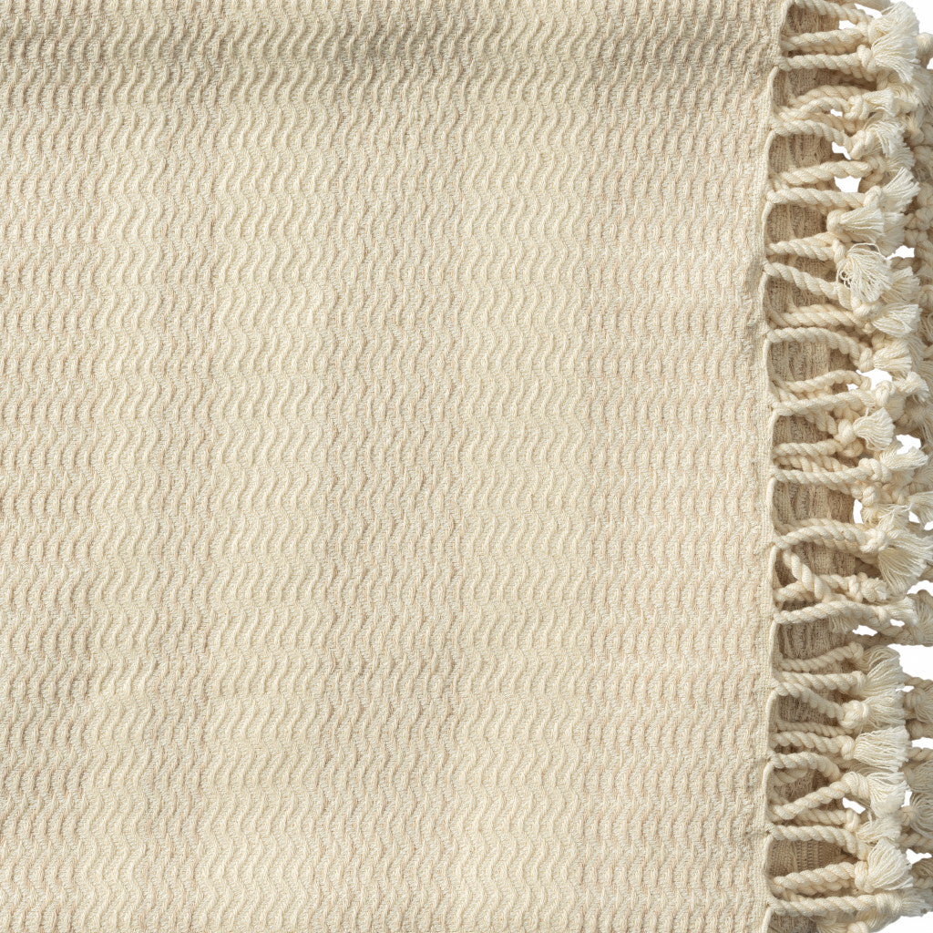 50" X 60" Beige Woven Cotton Striped Throw Blanket with Fringe