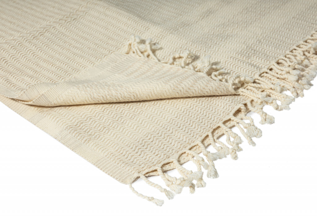 50" X 60" Beige Woven Cotton Striped Throw Blanket with Fringe