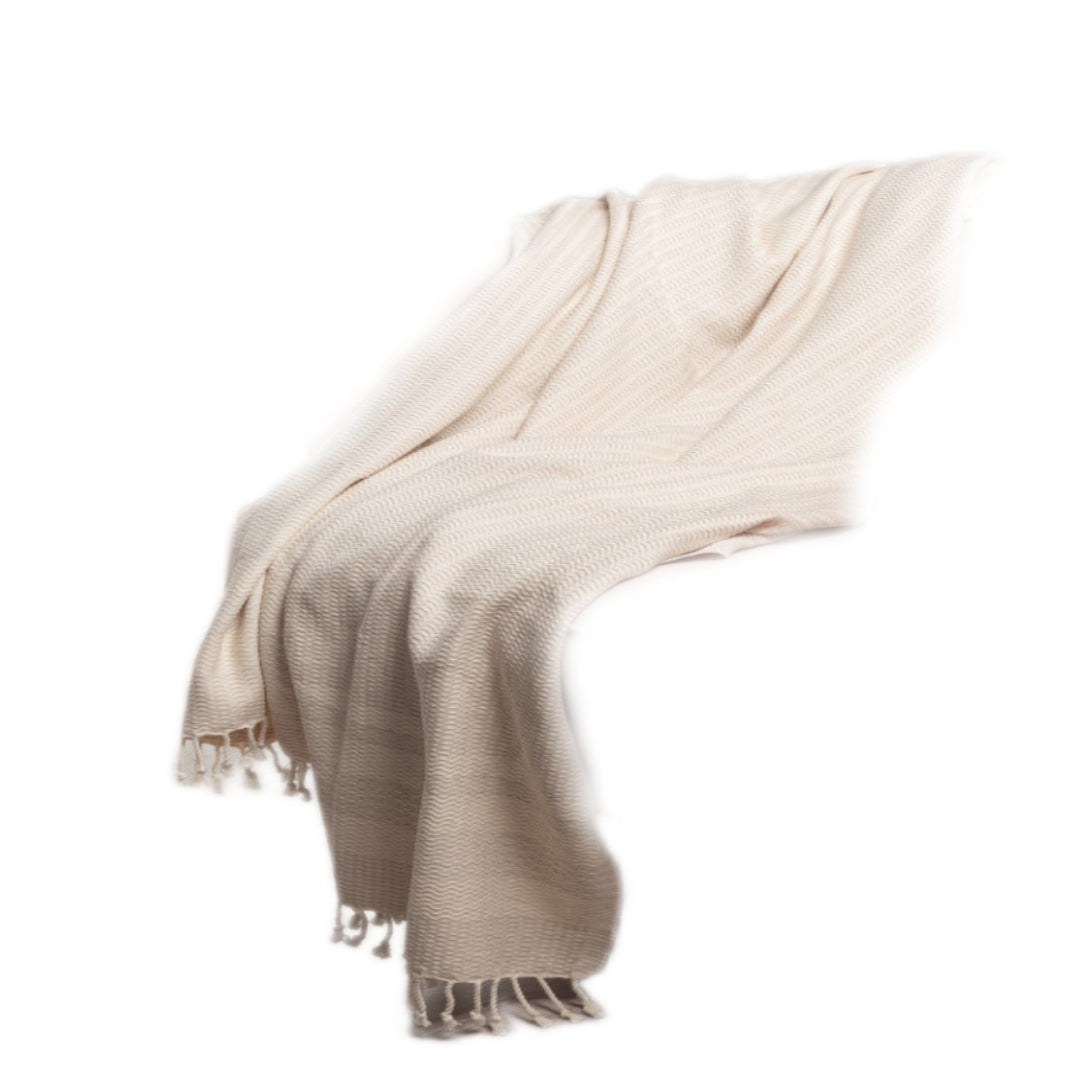 50" X 60" Beige Woven Cotton Striped Throw Blanket with Fringe