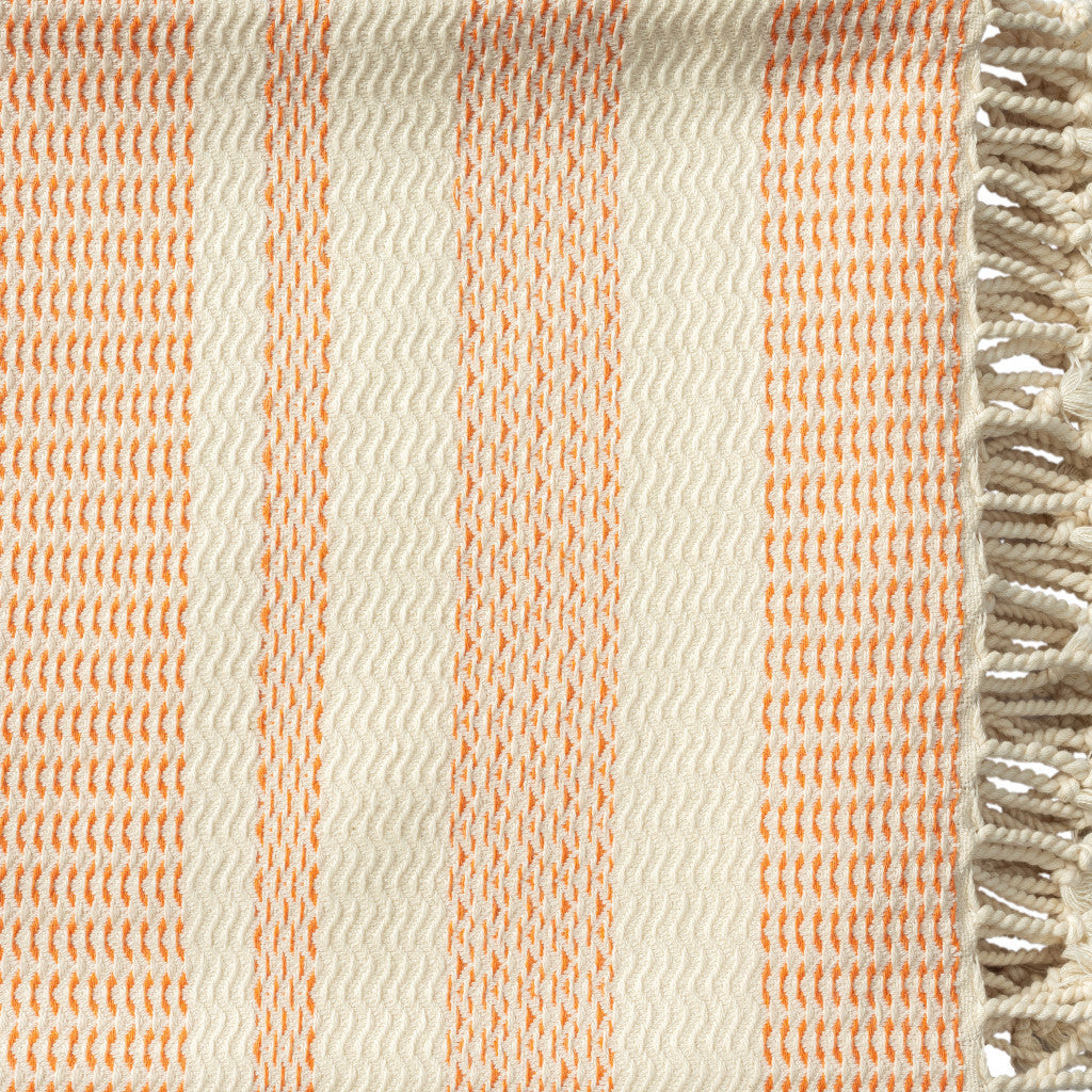 50" X 60" Beige Woven Cotton Striped Throw Blanket with Fringe