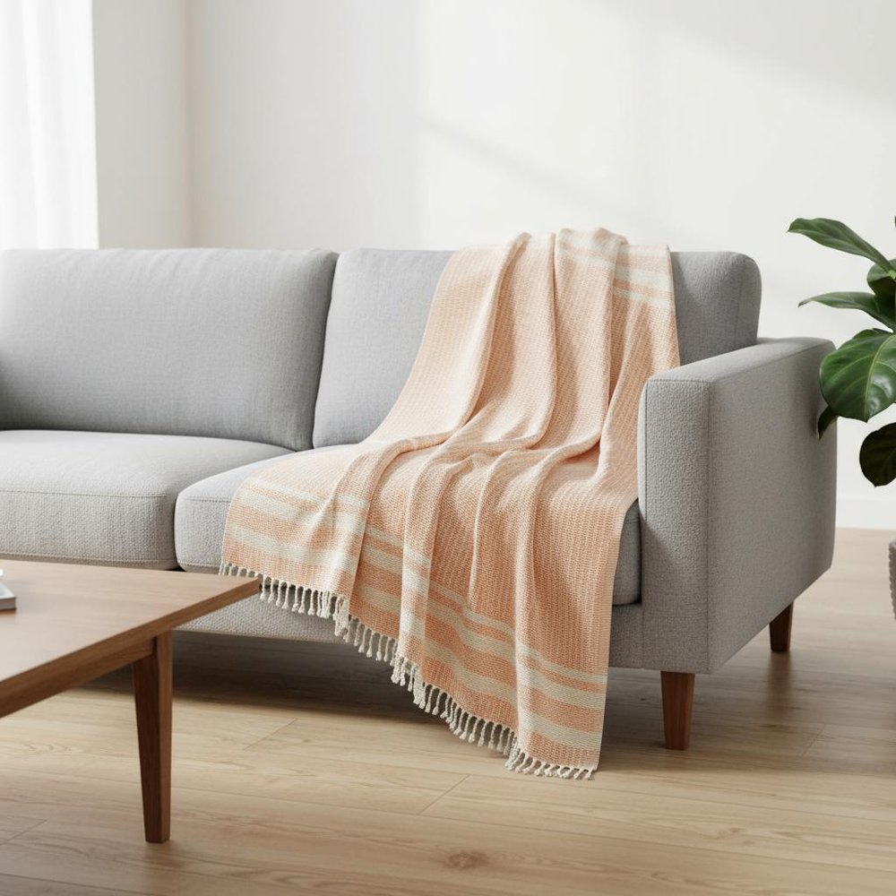 50" X 60" Orange Woven Cotton Striped Throw Blanket with Fringe