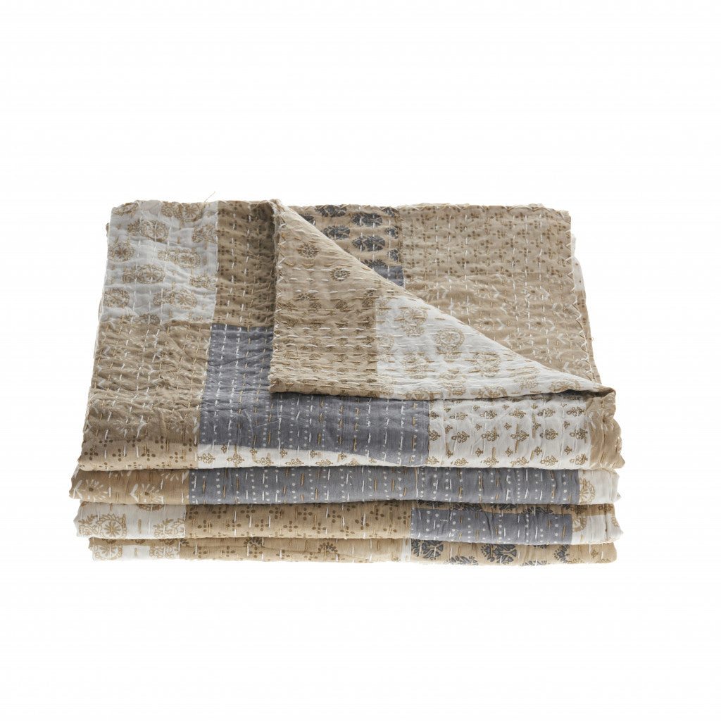 Cream Knitted Cotton Geometric Throw