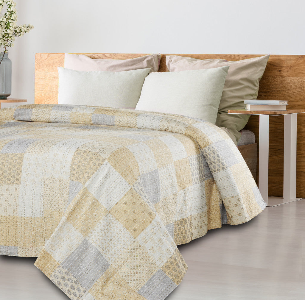 Cream Knitted Cotton Geometric Throw