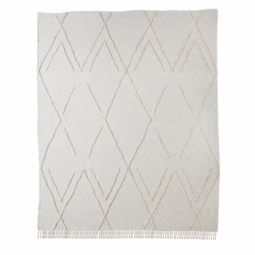 Ivory Geometric Queen Cotton Coverlet With Fringe