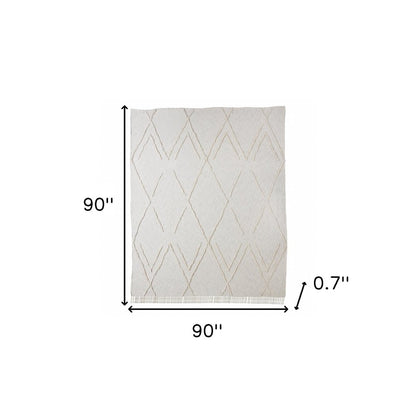 Ivory Geometric Queen Cotton Coverlet With Fringe