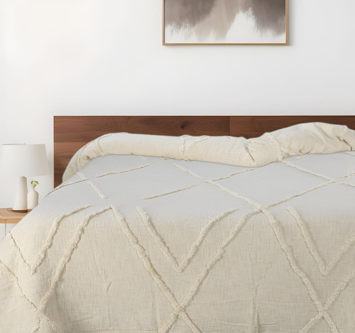 Ivory Geometric Queen Cotton Coverlet With Fringe