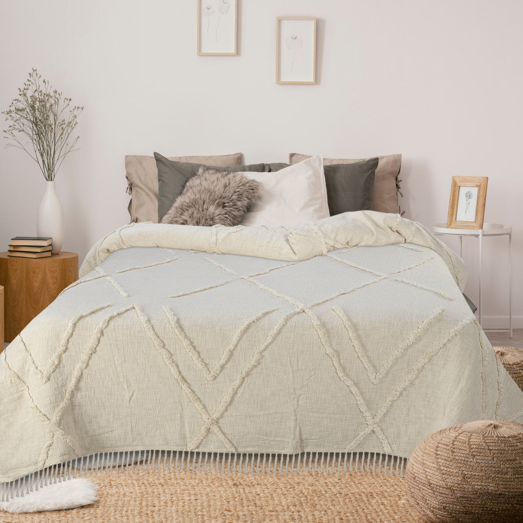 Ivory Geometric Queen Cotton Coverlet With Fringe