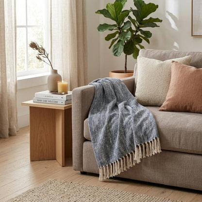 50" X 60" Black and White Woven Cotton Throw Blanket with Fringe