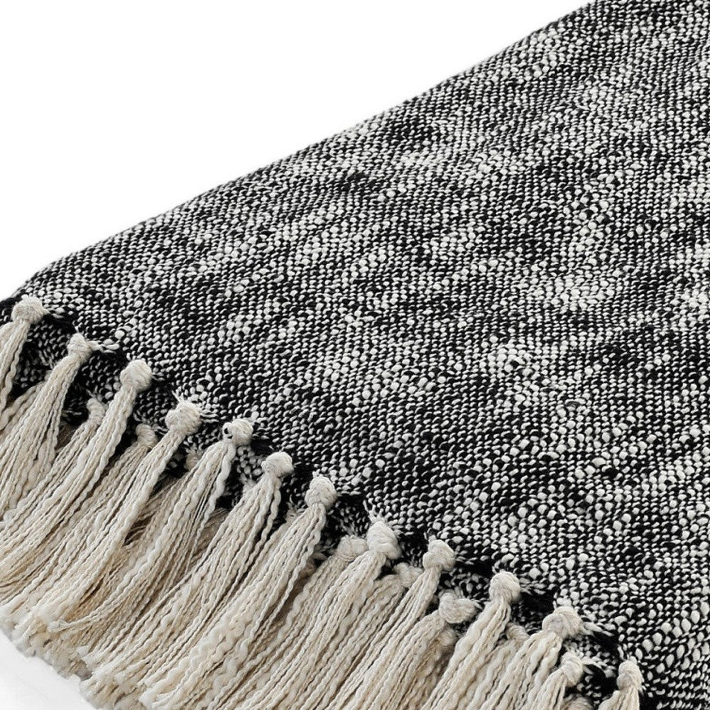 50" X 60" Black and White Woven Cotton Throw Blanket with Fringe