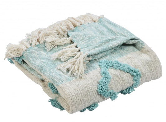 50" X 60" Aqua And Off White Cotton Woven Geometric Throw Blanket with Fringe
