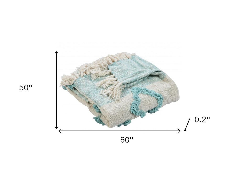 50" X 60" Aqua And Off White Cotton Woven Geometric Throw Blanket with Fringe