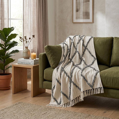 60" X 50" Cream Woven Cotton Geometric Throw Blanket with Fringe