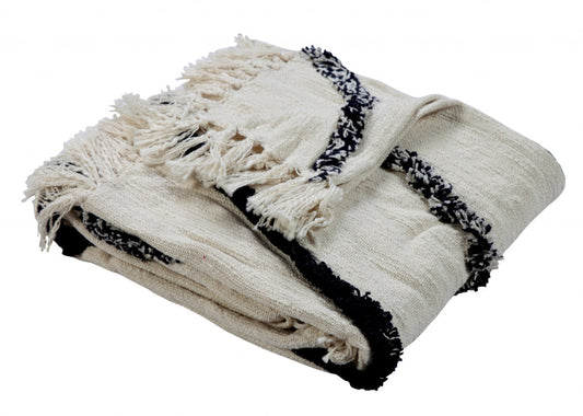 Cream Woven Cotton Geometric Throw Blanket