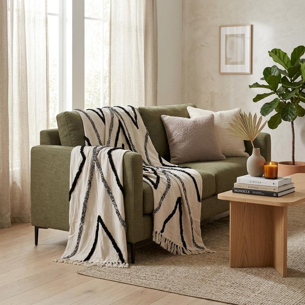 60" X 50" Cream Woven Cotton Geometric Throw Blanket with Fringe