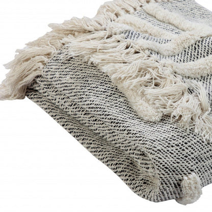 50" X 60" Black and Gray Woven Cotton Geometric Throw Blanket with Fringe