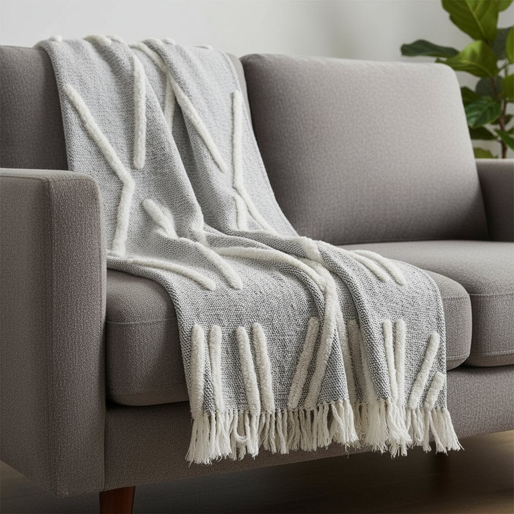 50" X 60" Black and Gray Woven Cotton Geometric Throw Blanket with Fringe