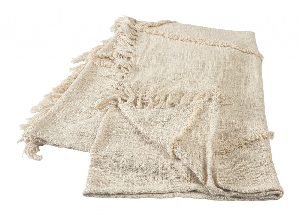 60" X 50" Blue Woven Cotton Throw Blanket with Fringe