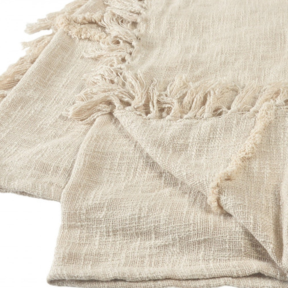 60" X 50" Cream Woven Cotton Throw Blanket with Fringe