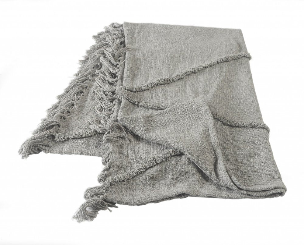 60" X 50" Blue Woven Cotton Throw Blanket with Fringe