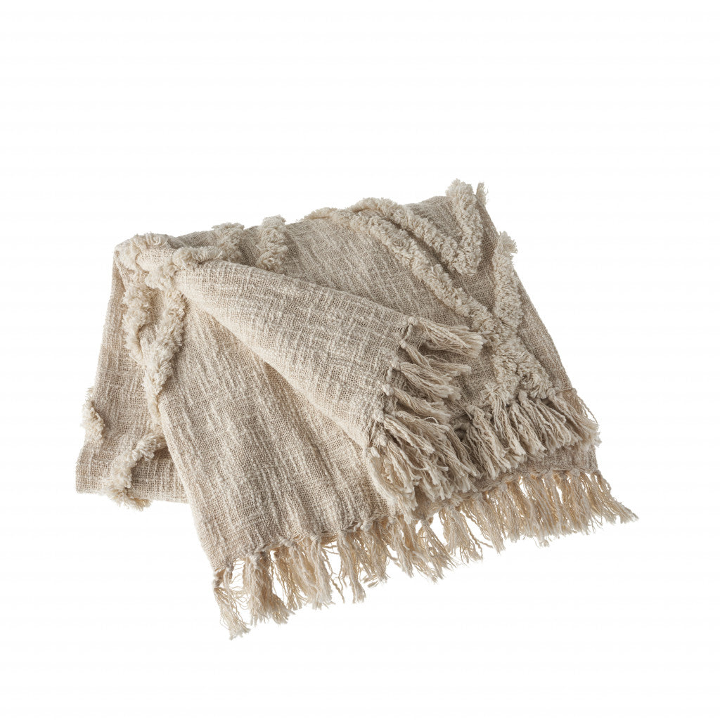 Beige Woven Cotton Geometric Throw Blanket