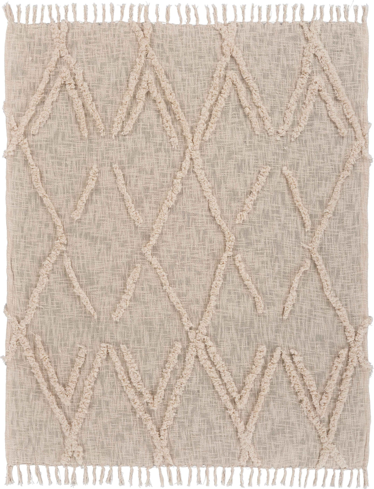 60" X 50" Beige Woven Cotton Geometric Throw Blanket with Fringe