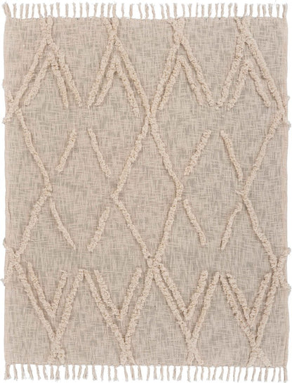 60" X 50" Beige Woven Cotton Geometric Throw Blanket with Fringe