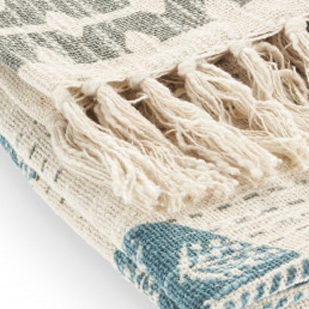 Blue and Off White Woven Cotton Patchwork Throw Blanket