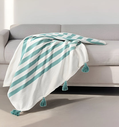 50" X 60" Blue and White Woven Cotton Striped Throw Blanket with Tassels