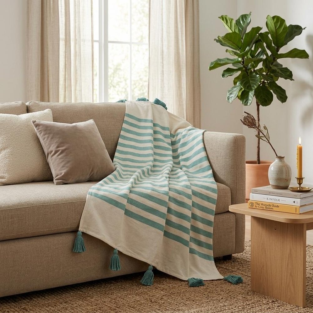 50" X 60" Orange Woven Cotton Striped Throw Blanket with Tassels