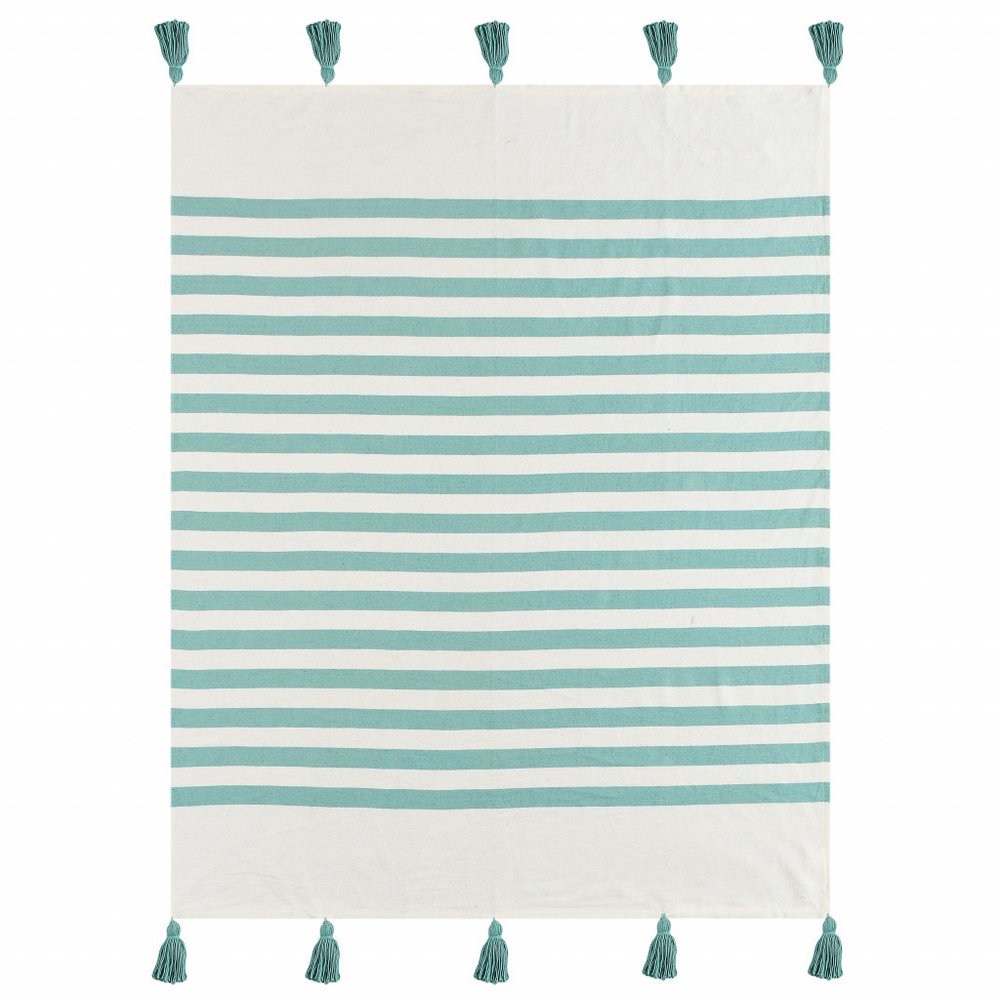 50" X 60" Blue and White Woven Cotton Striped Throw Blanket with Tassels