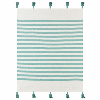 50" X 60" Blue and White Woven Cotton Striped Throw Blanket with Tassels