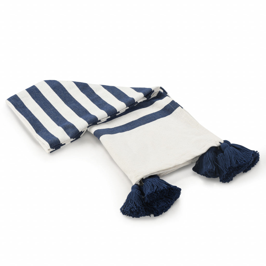 50" X 60" Blue and White Woven Cotton Striped Throw Blanket with Tassels