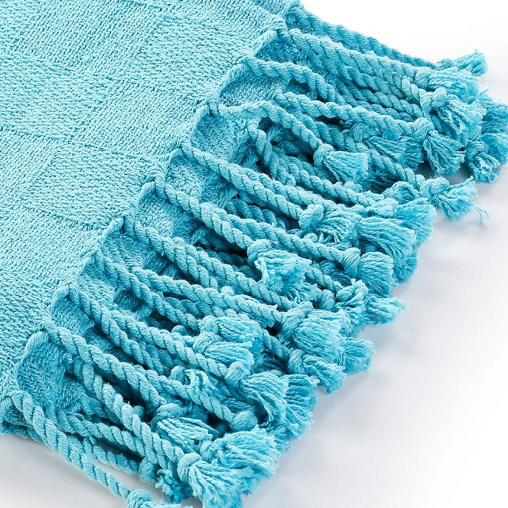 50" X 60" Blue Woven Cotton Throw Blanket with Fringe