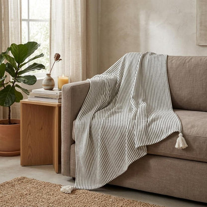 50" X 60" Brown and White Woven Cotton Striped Throw Blanket with Tassels