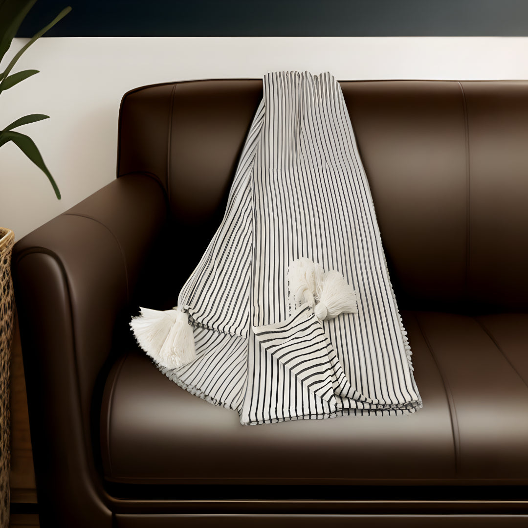Brown and White Woven Cotton Striped Throw Blanket